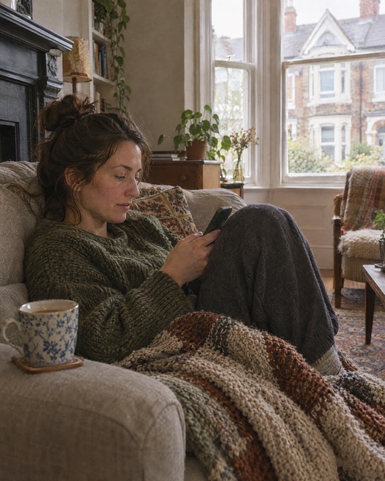 A woman on her sofa at home choosing a time for her next appointment on her phone.