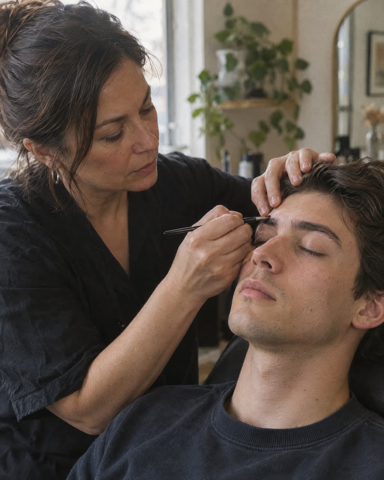 A brow artist shaping a young man’s eyebrows with a thin angled brush.