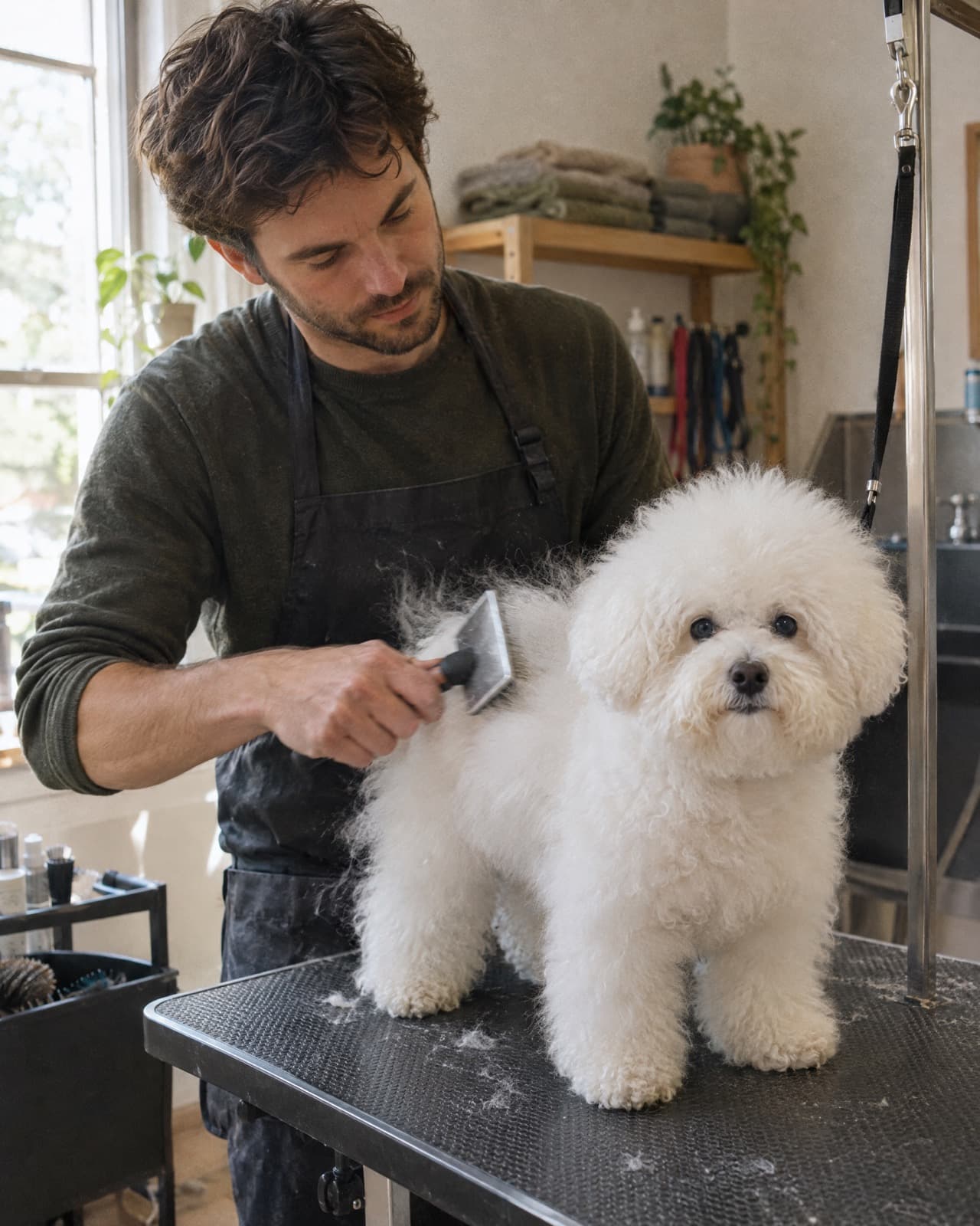 A groomer brushing out a fluffy white bichon frise.