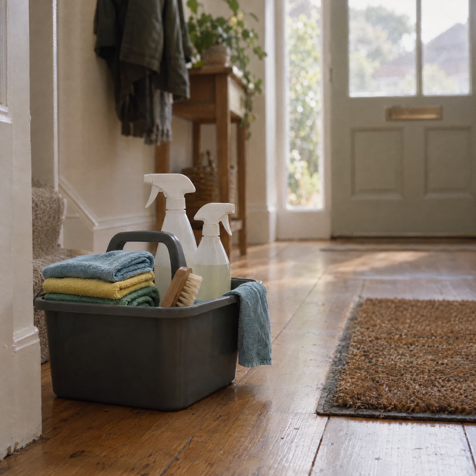 A cleaning caddy with cloths and bottles in a hallway by the front door.