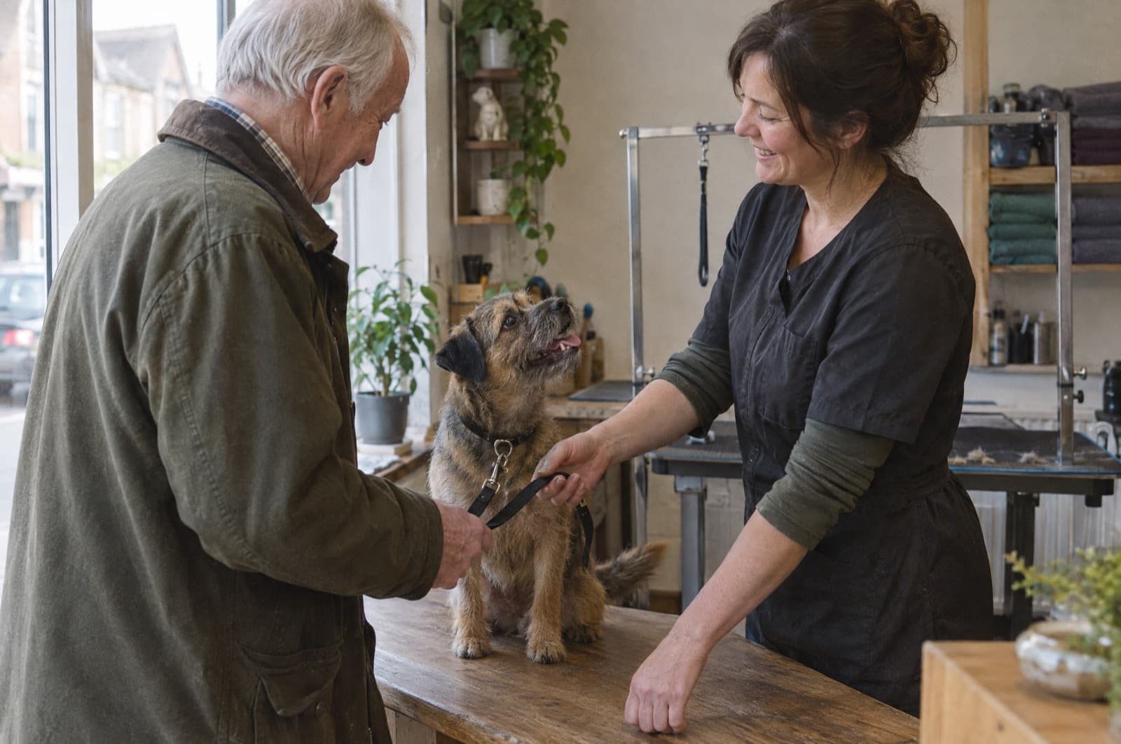 An owner collecting a freshly groomed border terrier at the counter.