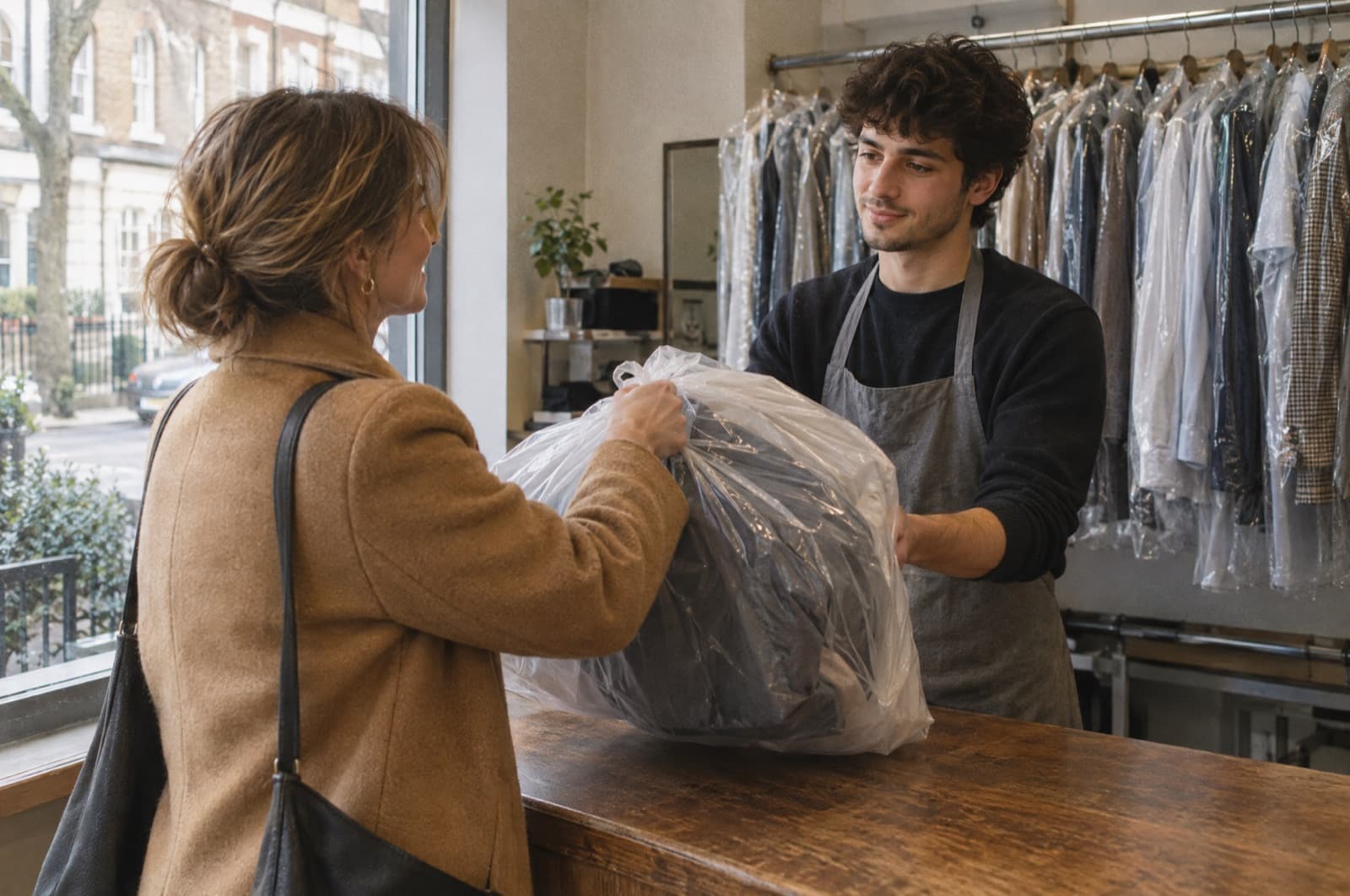 A customer handing a bag of laundry across the counter of a dry cleaner’s.