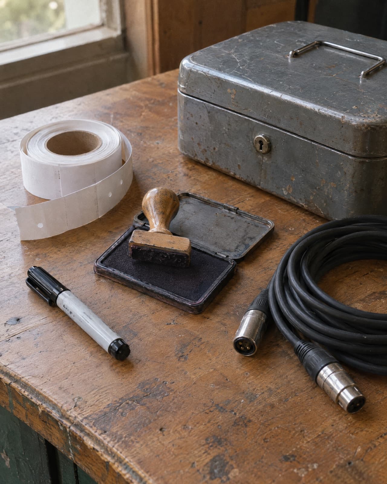 A roll of paper wristbands, a rubber stamp on its ink pad, a marker pen, a steel cash tin and a coiled cable on a worn counter.