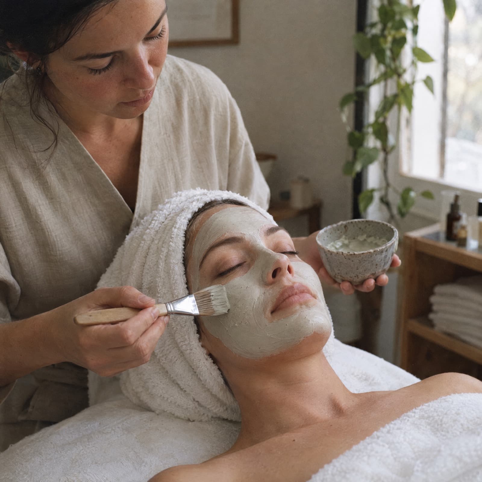 A therapist brushing a clay mask onto a relaxed client, her hair wrapped in a towel.