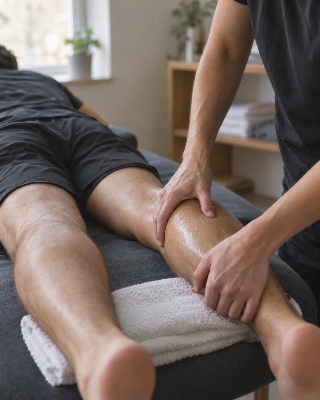 A sports massage therapist’s hands working along a runner’s calf.
