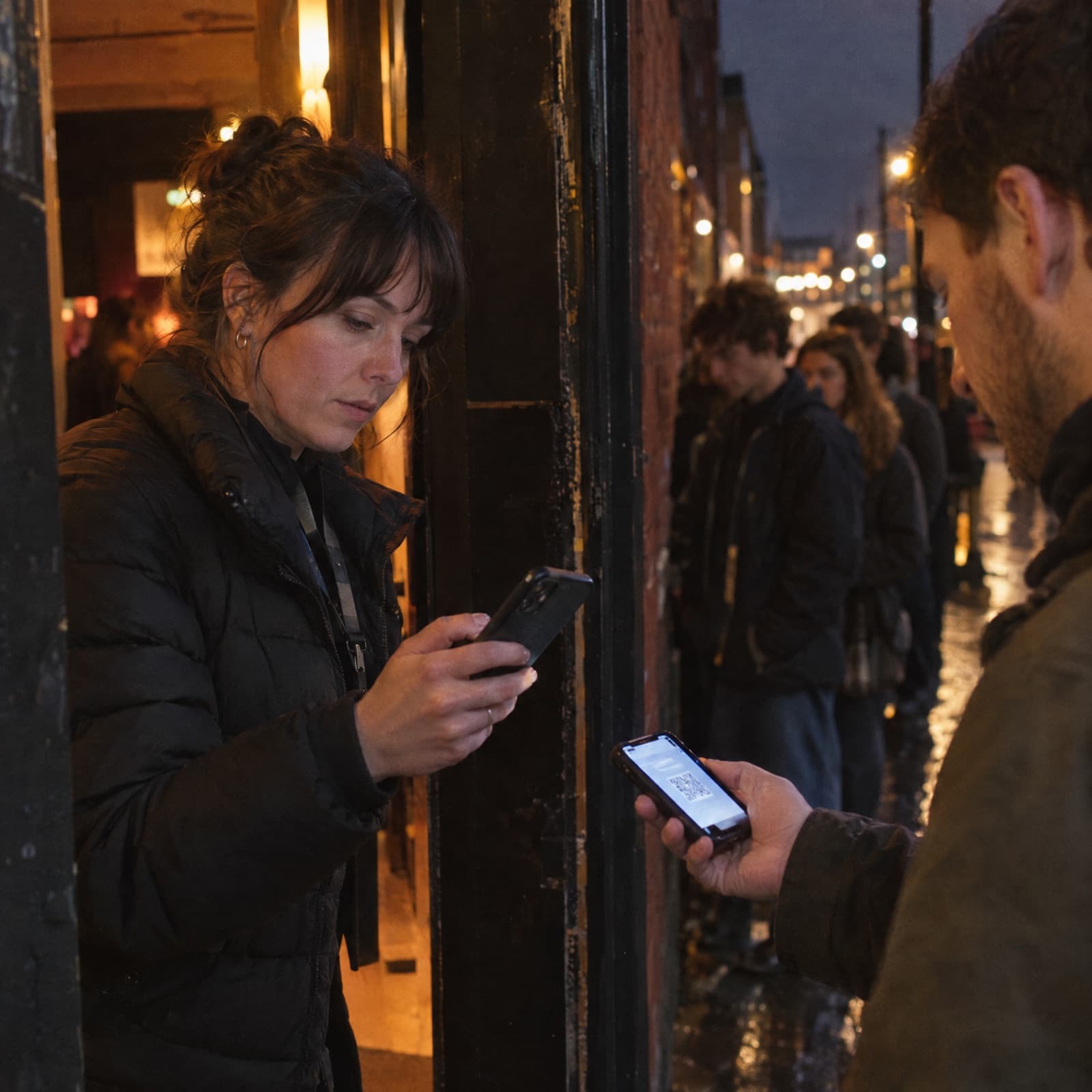 A woman on the door of a small venue scanning the code on an arriving customer’s phone, warm light from the doorway and a queue waiting on a wet pavement.
