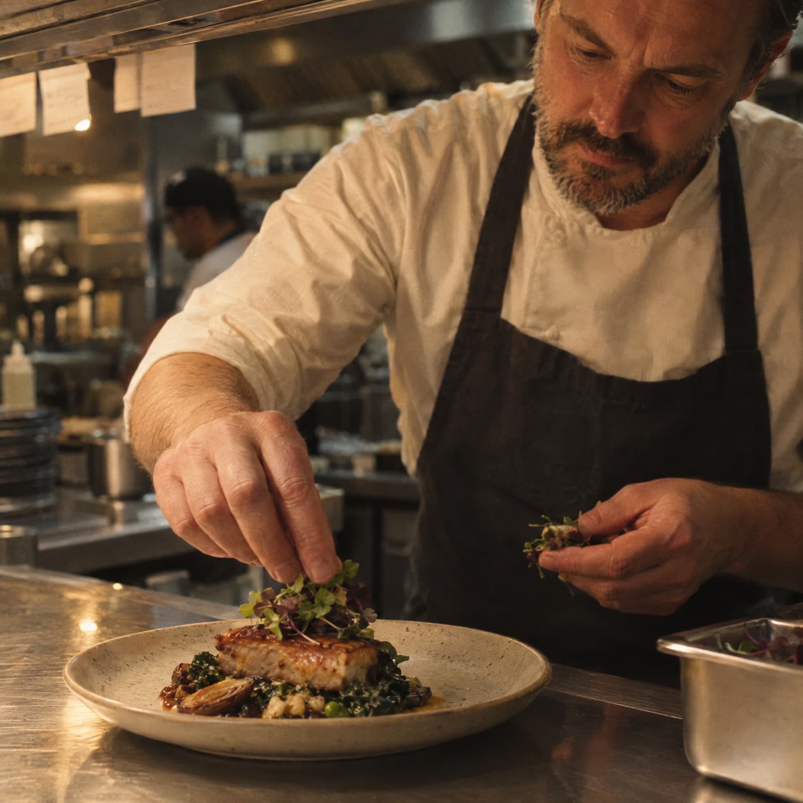 A chef setting the last of the garnish onto a plate at the pass of a small restaurant during service.