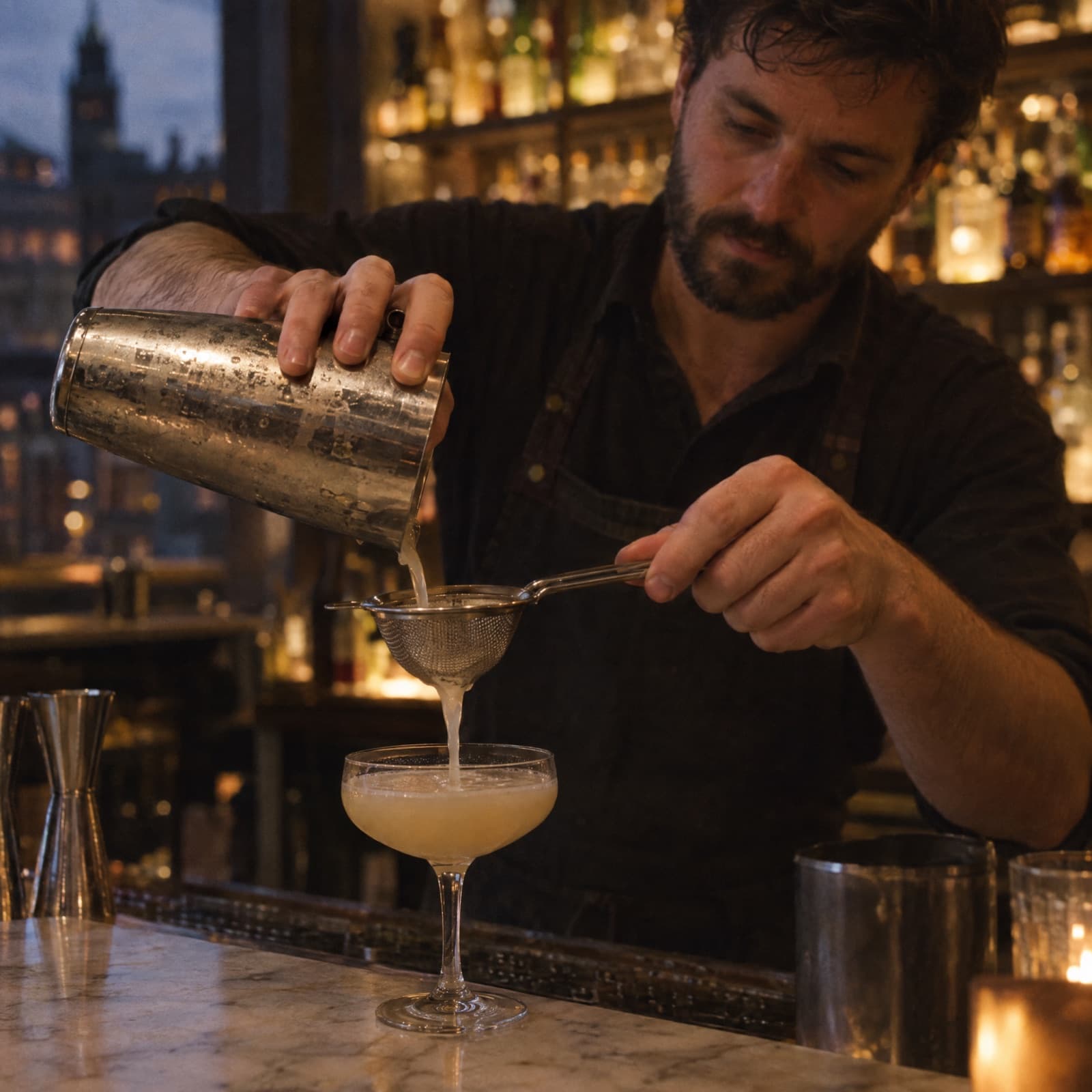 A bartender straining a cocktail from a shaker into a coupe glass on a marble bar, backlit bottles behind him.