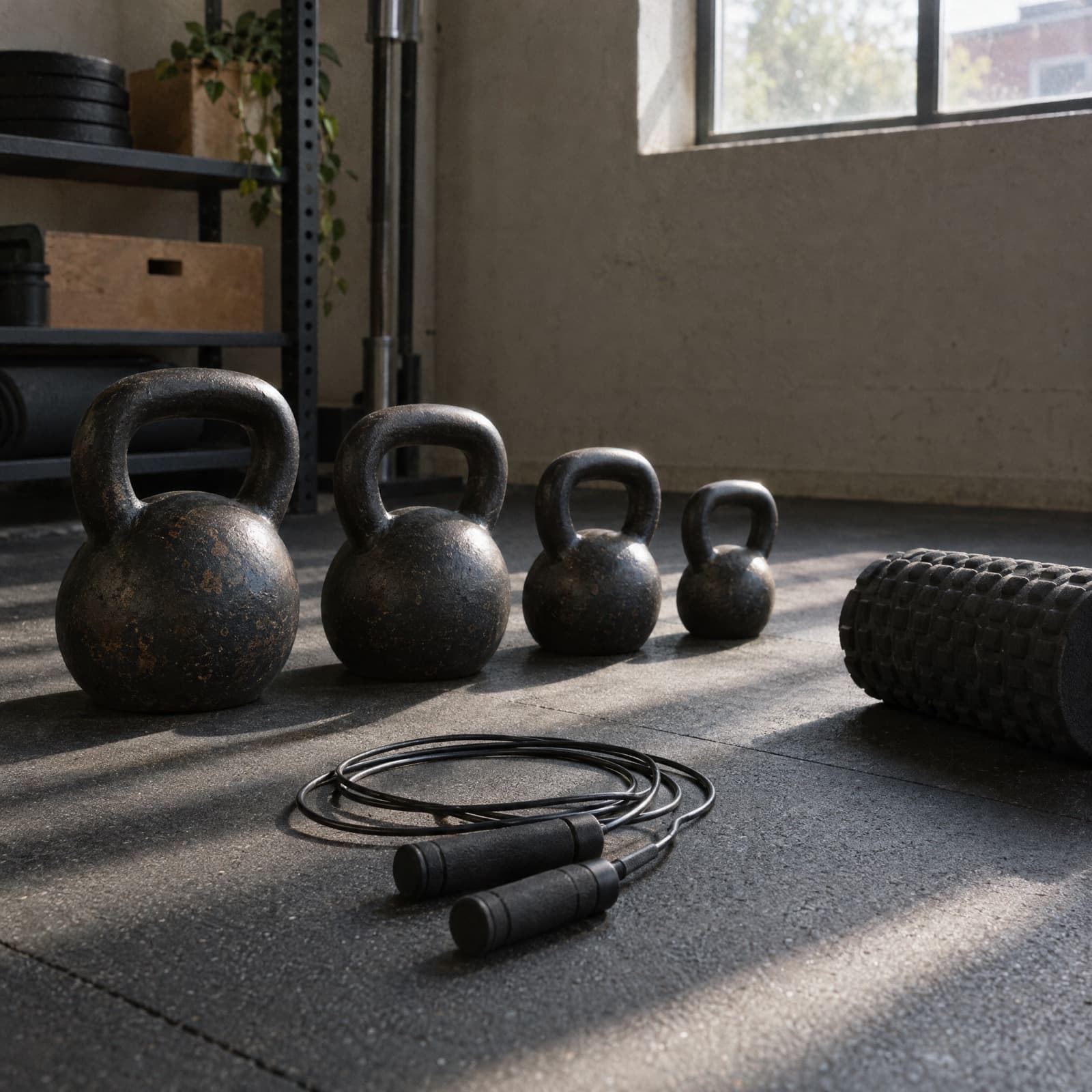 Kettlebells in a row, a skipping rope and a foam roller on a rubber floor.