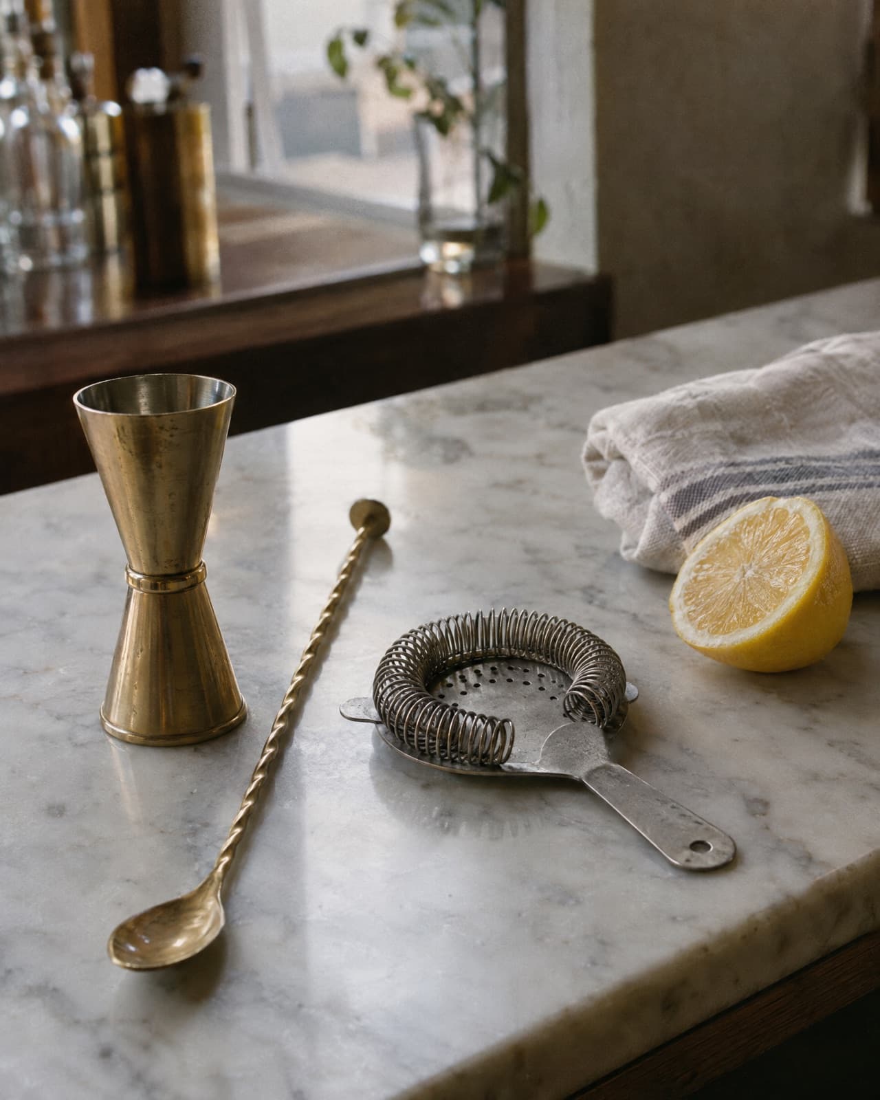 A jigger, a bar spoon, a strainer and a half-cut lemon on a marble bar top.