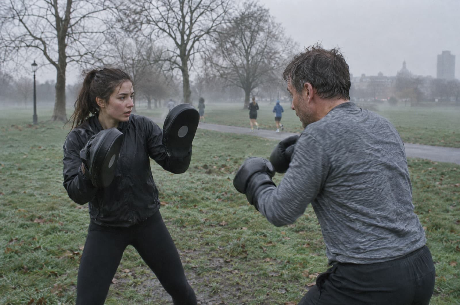 A trainer holding pads for a client boxing in a misty London park in the early morning.