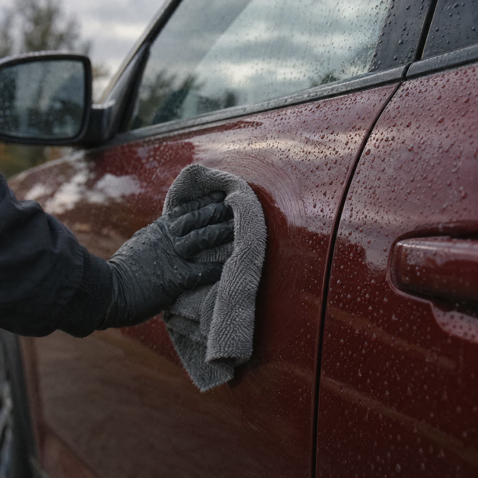 A gloved hand polishing a wet red car door in circles.