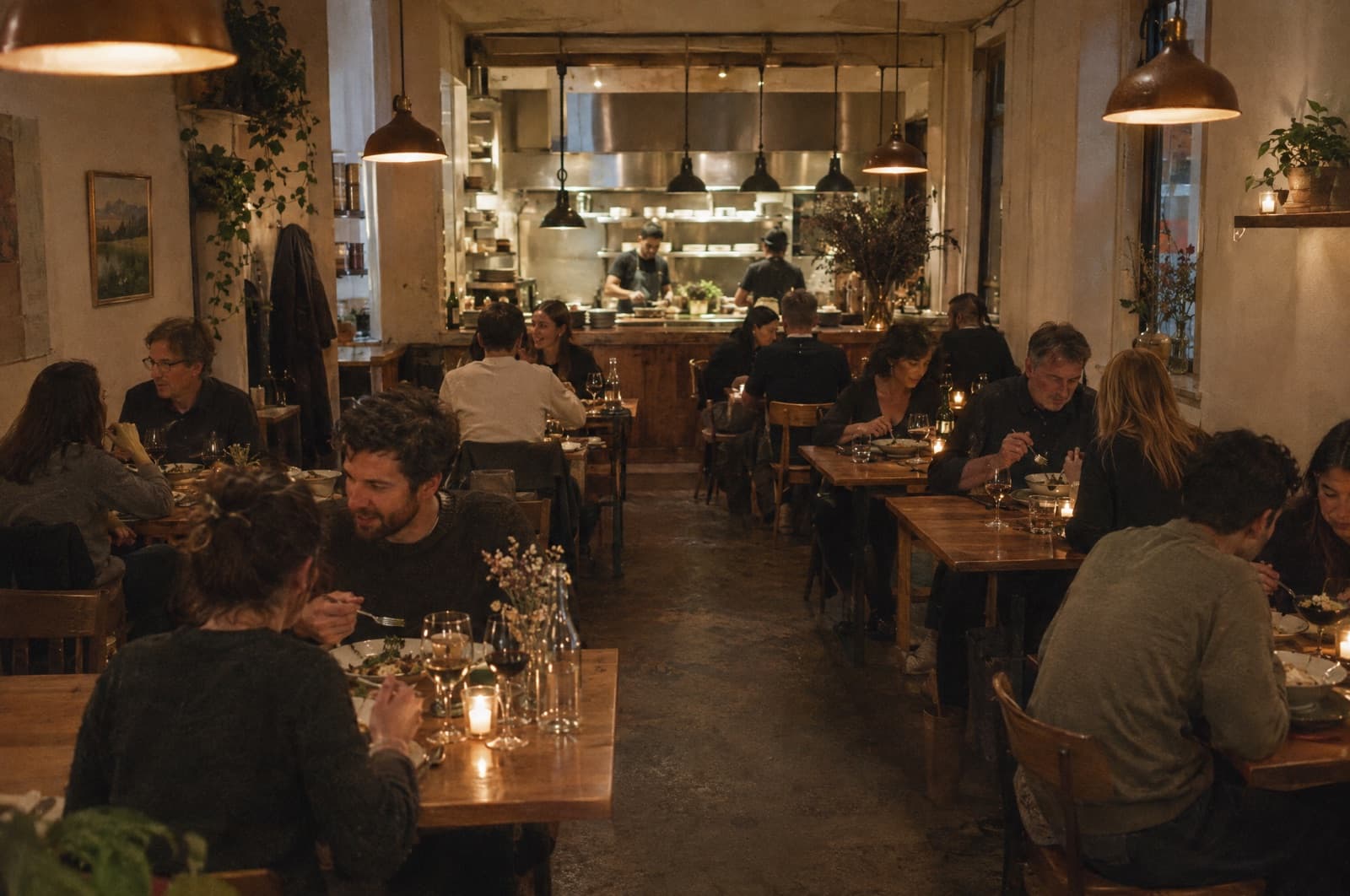 A small neighbourhood restaurant during evening service, most tables full under warm pendant lights.