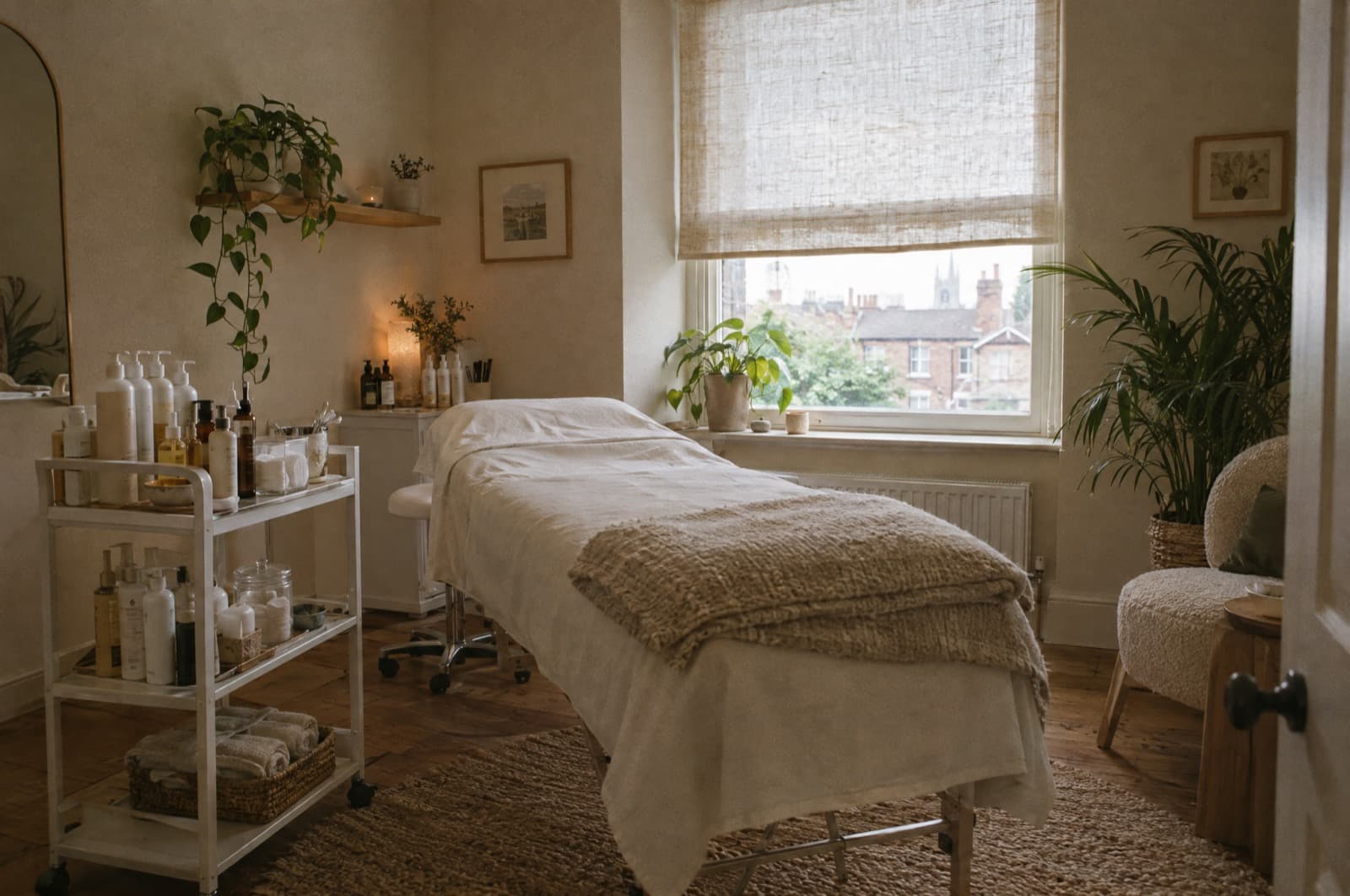A small treatment room with a made-up bed, a blanket and a trolley of bottles.