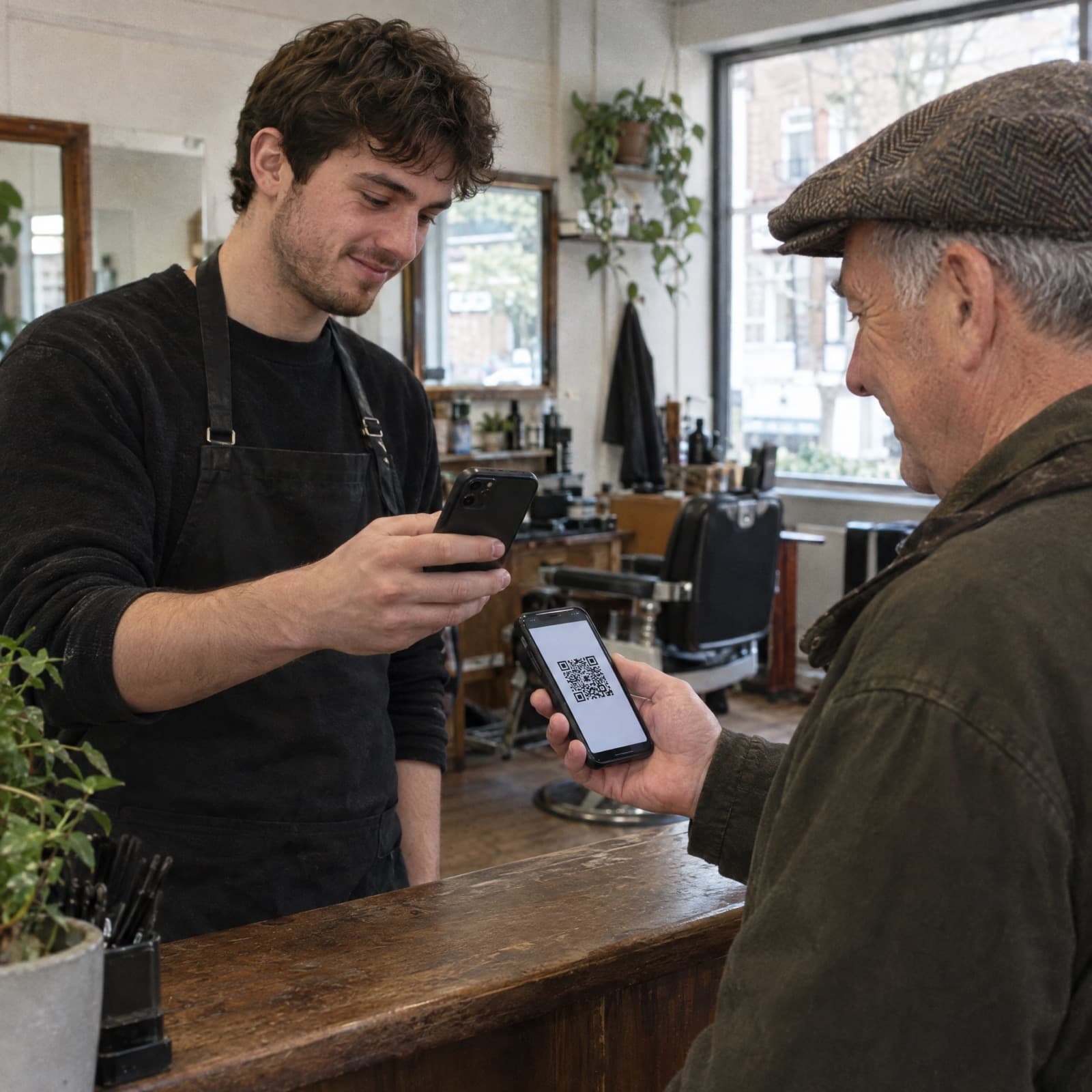 A young barber scanning the code on an older regular’s phone across the counter.
