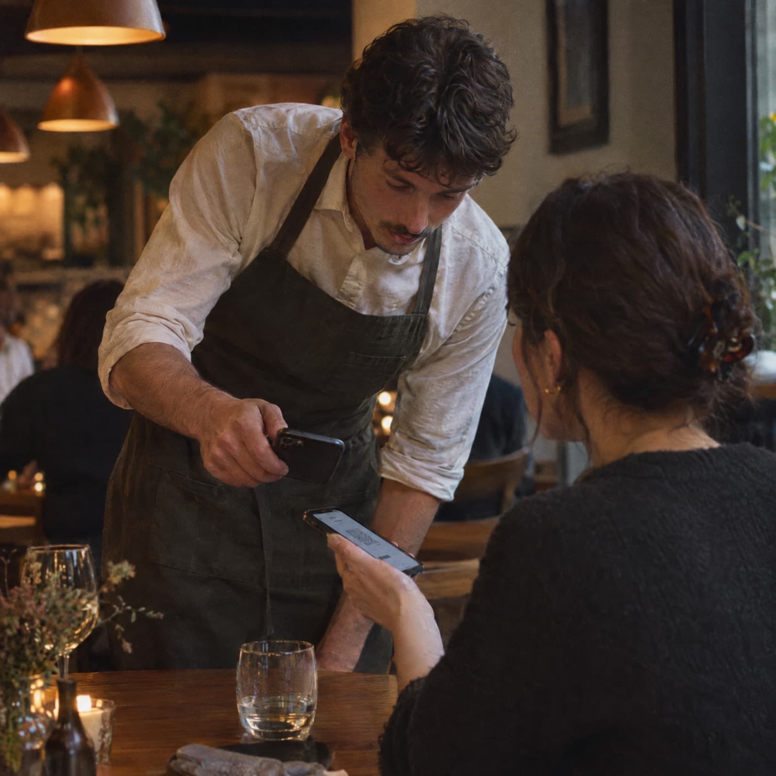 A waiter leaning in to scan the code on a diner’s phone at the table.