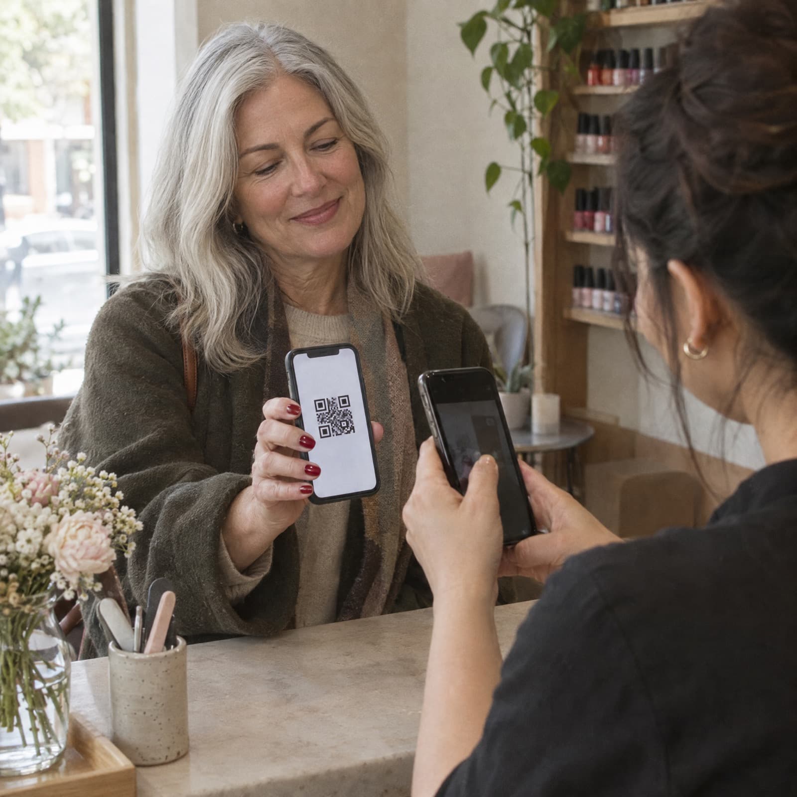 A client with freshly painted red nails holding up her phone code to be scanned at the desk.