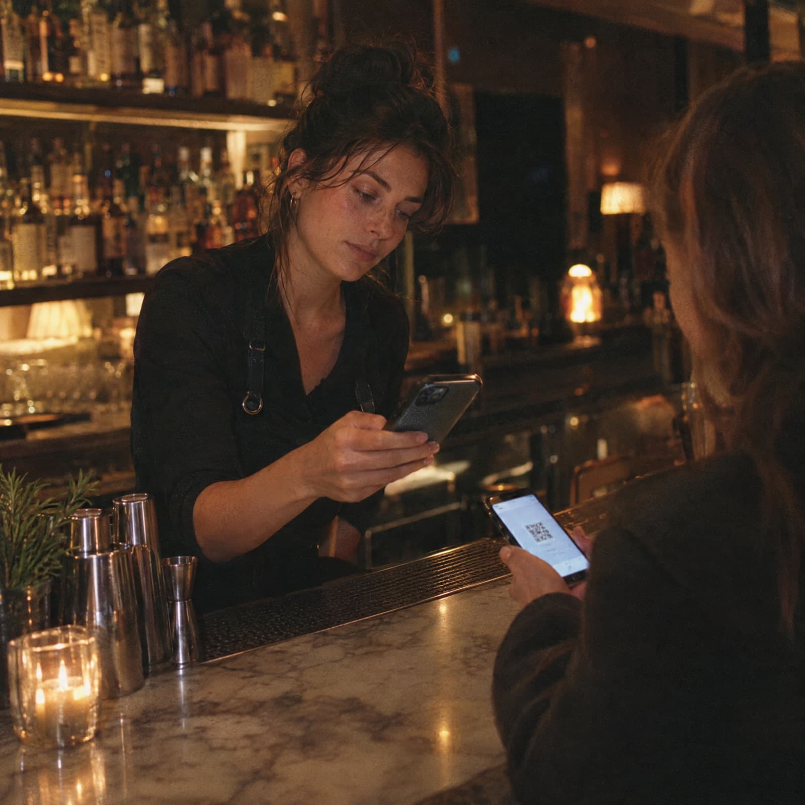 A bartender scanning the code on a customer’s phone at the end of the bar.