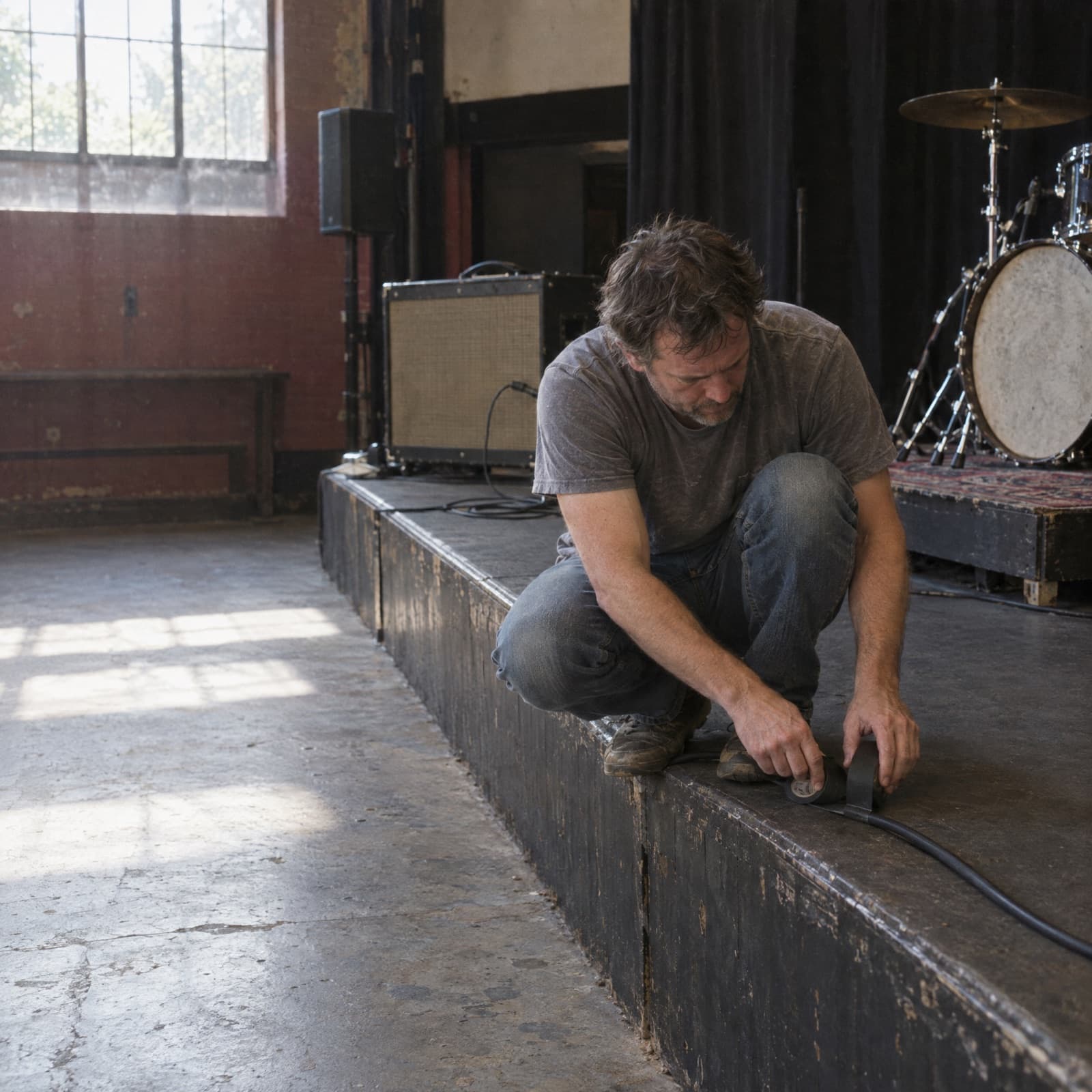A man crouched on the edge of a low stage in an empty venue in the afternoon, taping a cable down before doors.