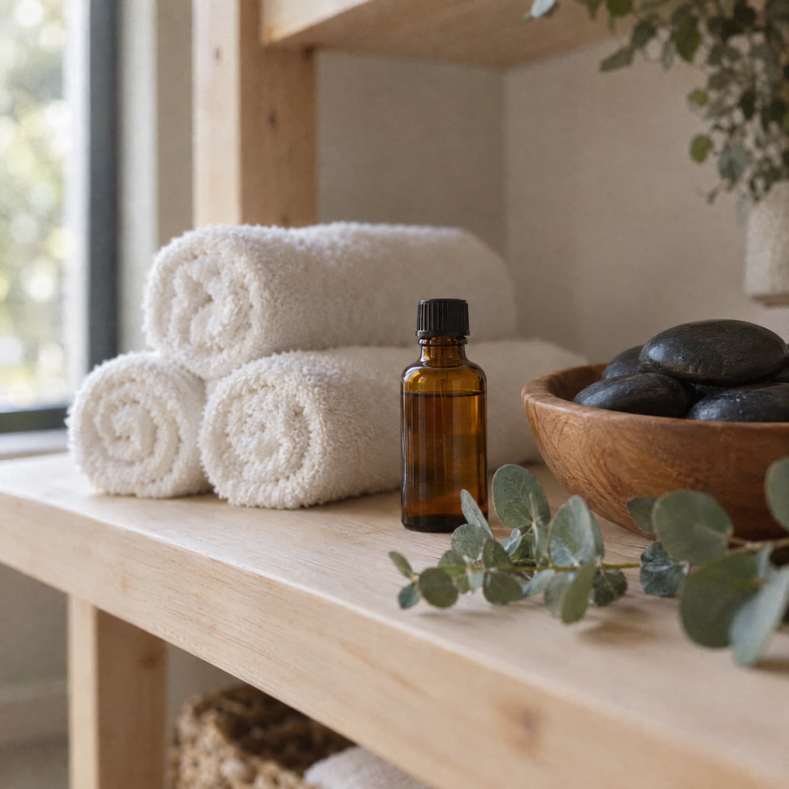 Rolled towels, a bottle of oil and smooth stones on a wooden shelf.