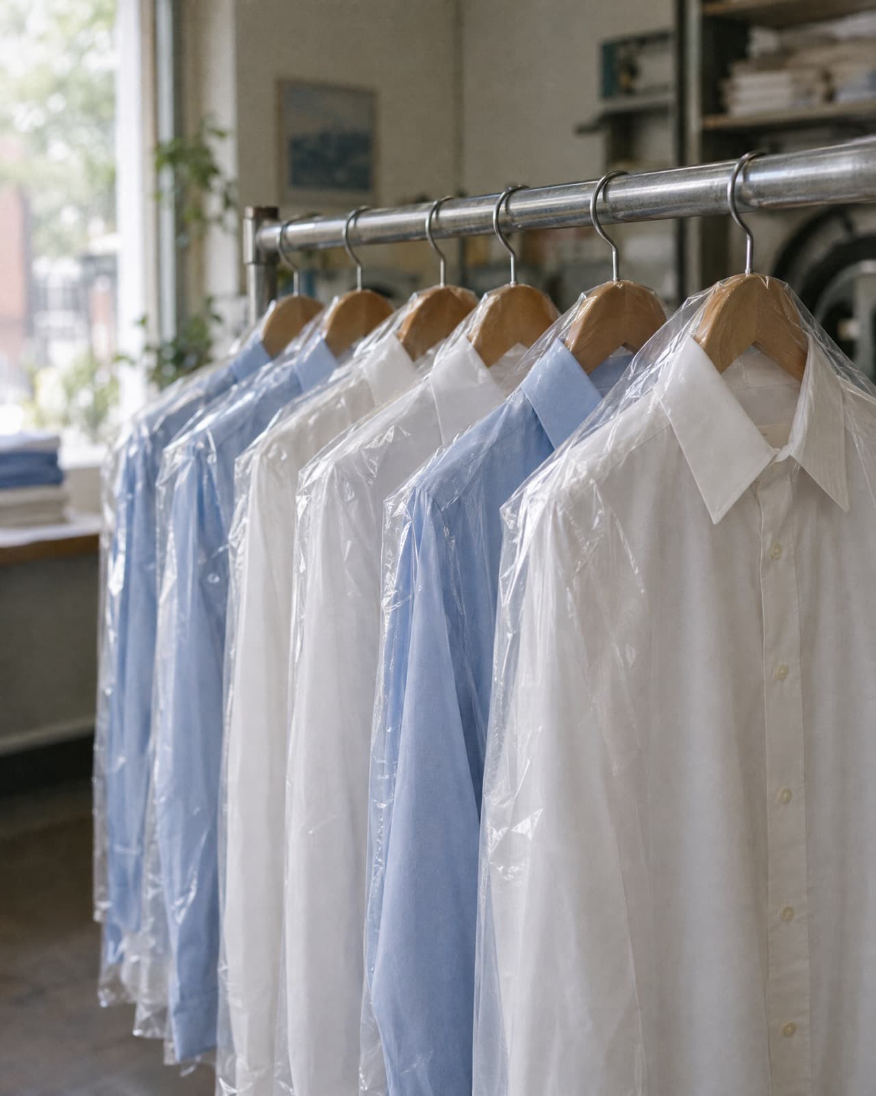 Pressed white and blue shirts in clear covers on a rail.