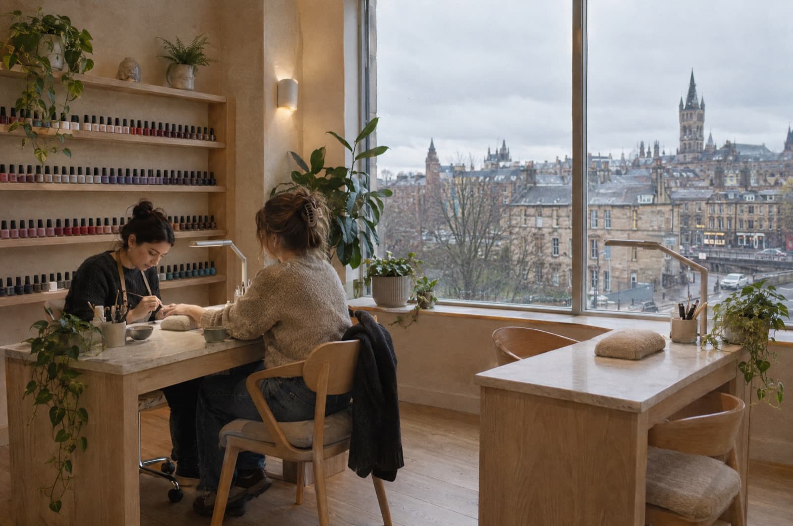 A calm nail studio with two tables by a big window, Glasgow rooftops outside.