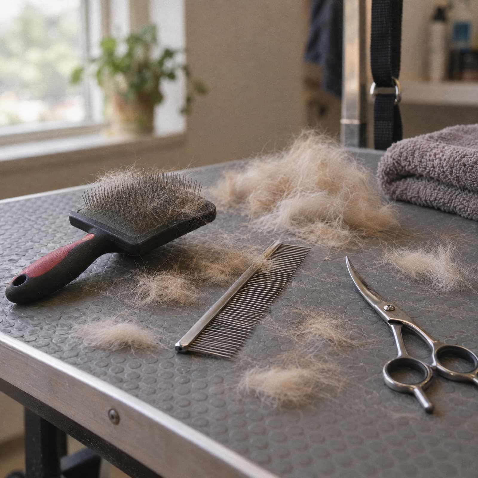 A slicker brush, a comb and scissors beside tufts of fur on a grooming table.