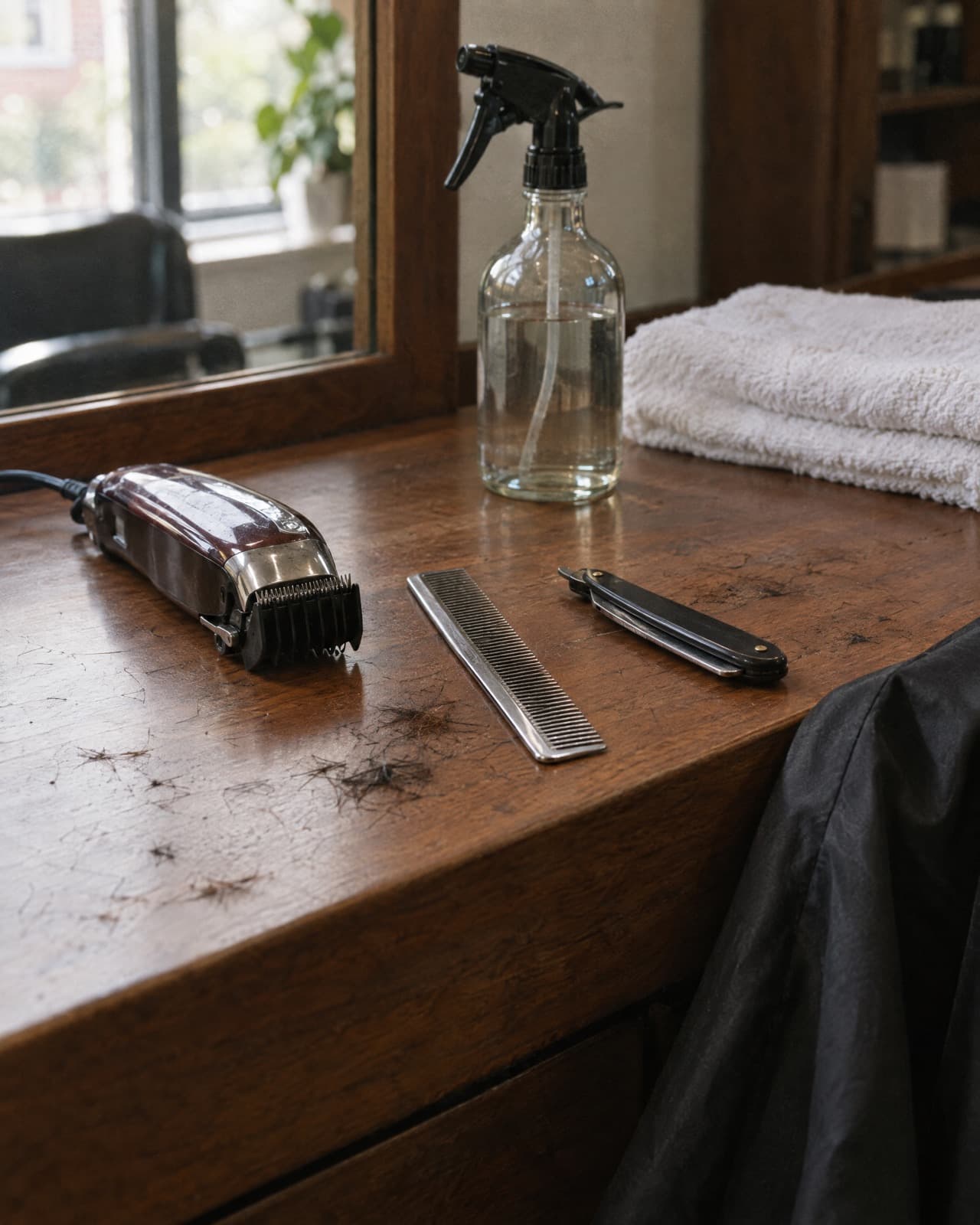 Clippers, a steel comb, a cut-throat razor and a folded towel on a walnut counter.