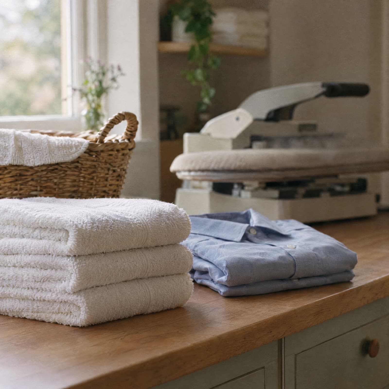 Folded towels and a pressed shirt on a laundry counter.