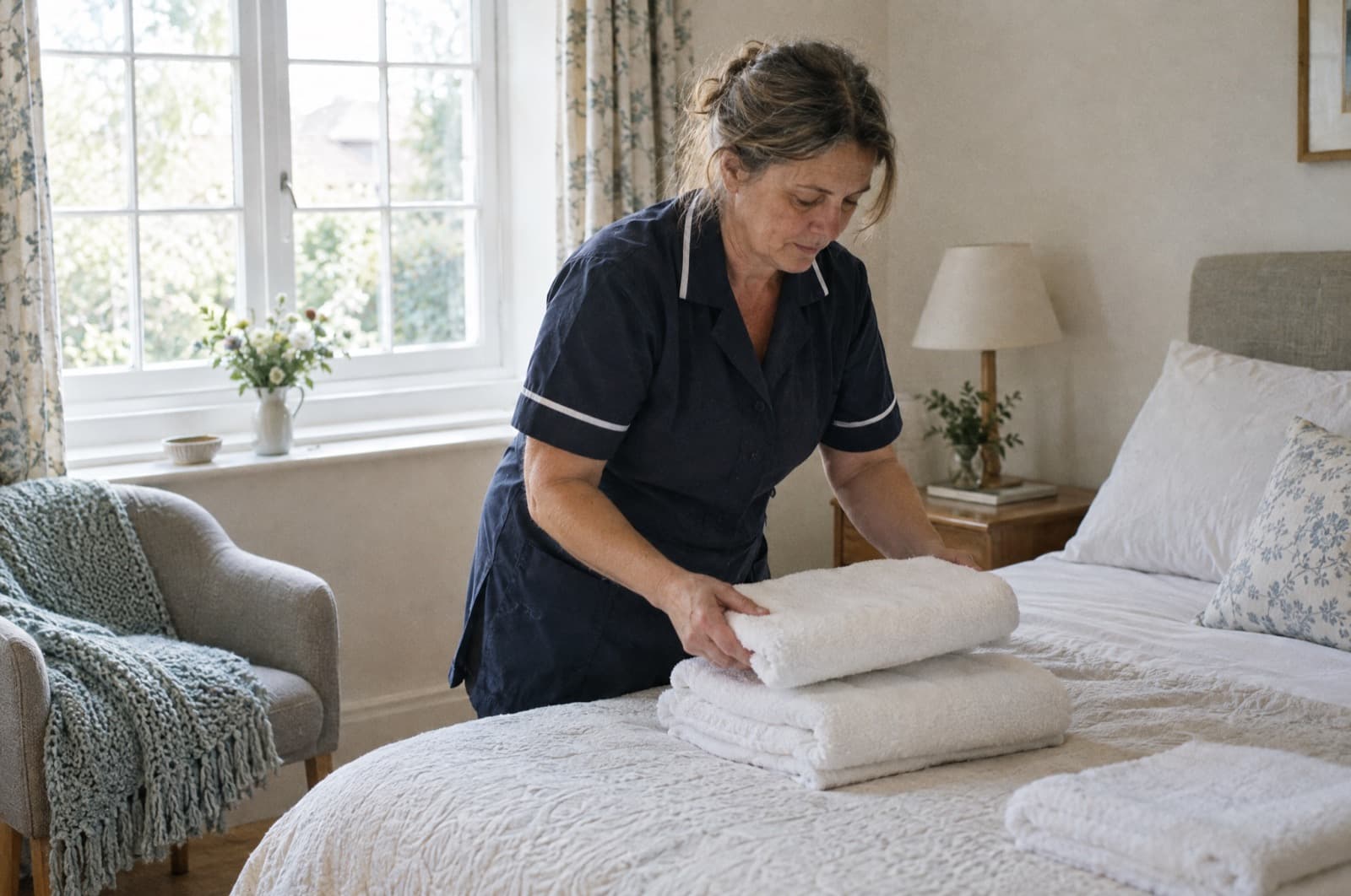 A cleaner folding fresh towels on a neatly made bed.