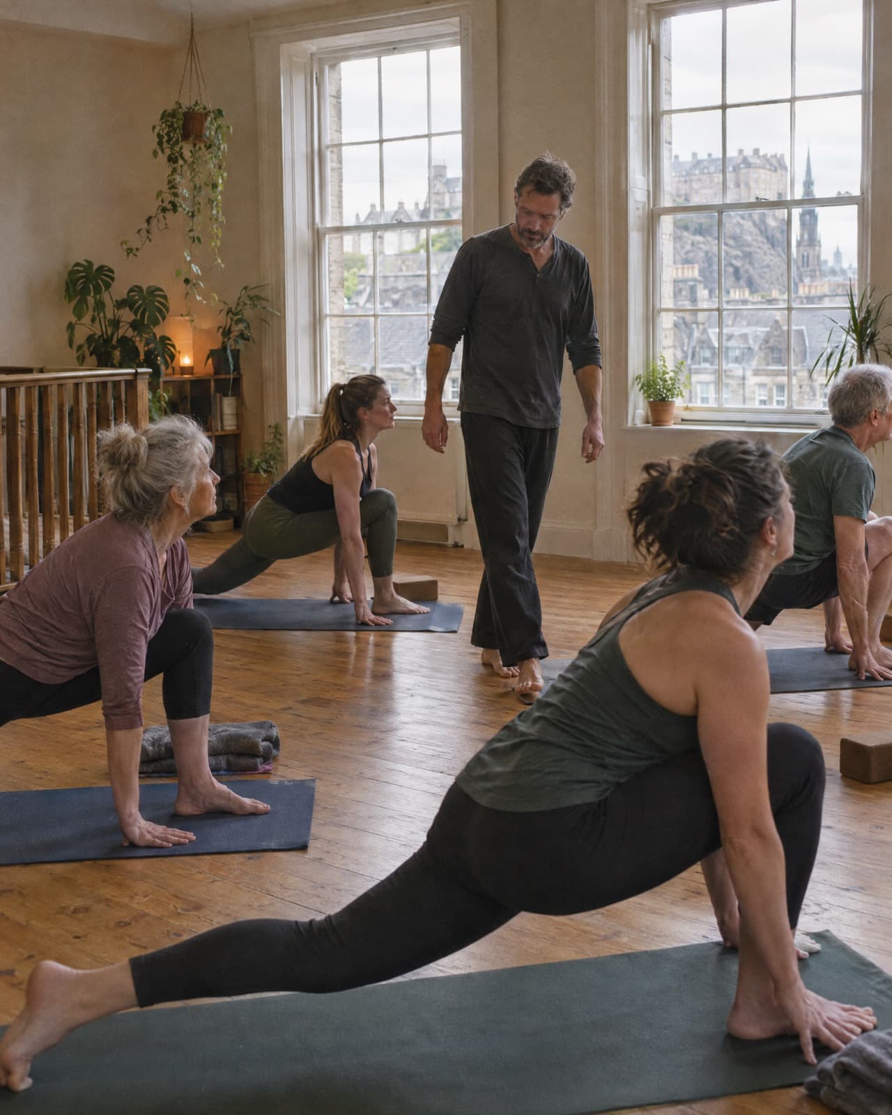A small yoga class holding a low lunge in a light upstairs studio.