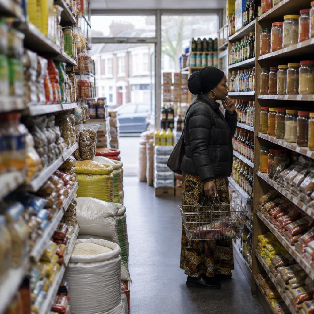 The inside of a West African food shop on a British high street: narrow aisles, sacks of rice, a customer with a basket at the spice shelf.