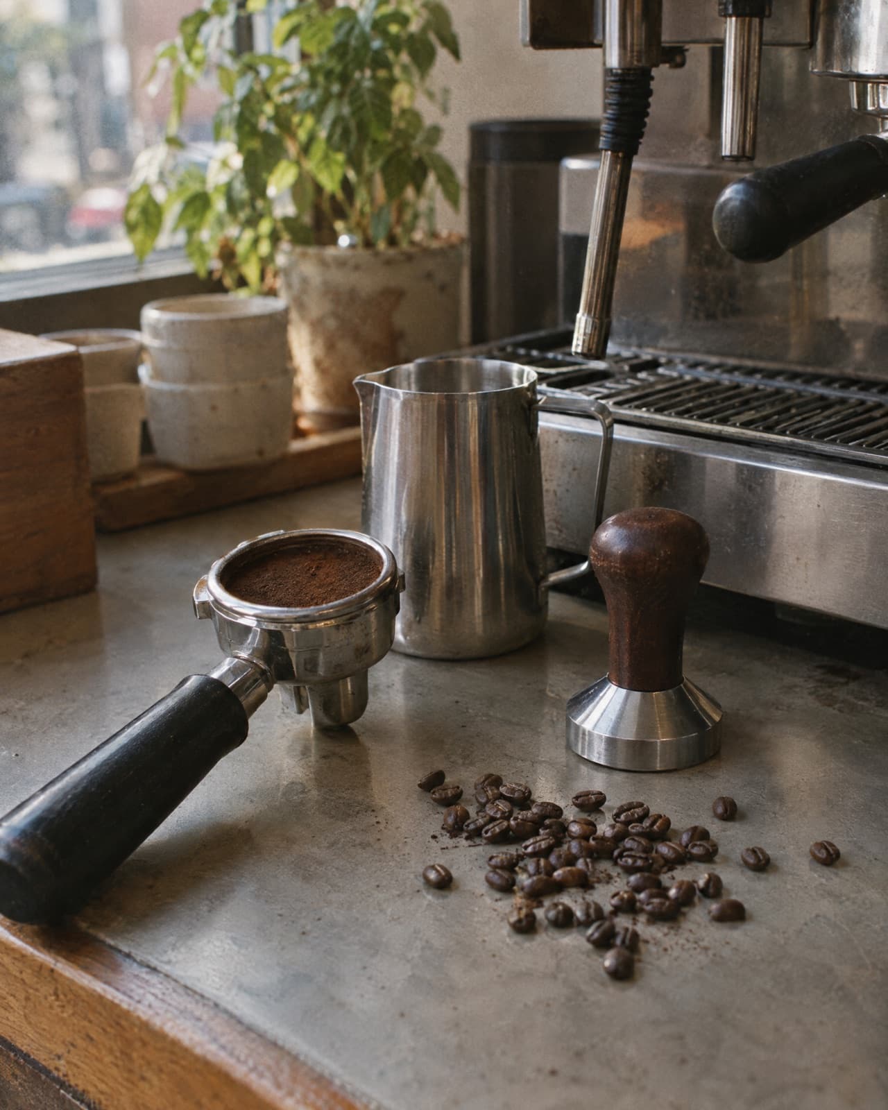 A tamped portafilter, a steel milk jug and scattered coffee beans beside an espresso machine.