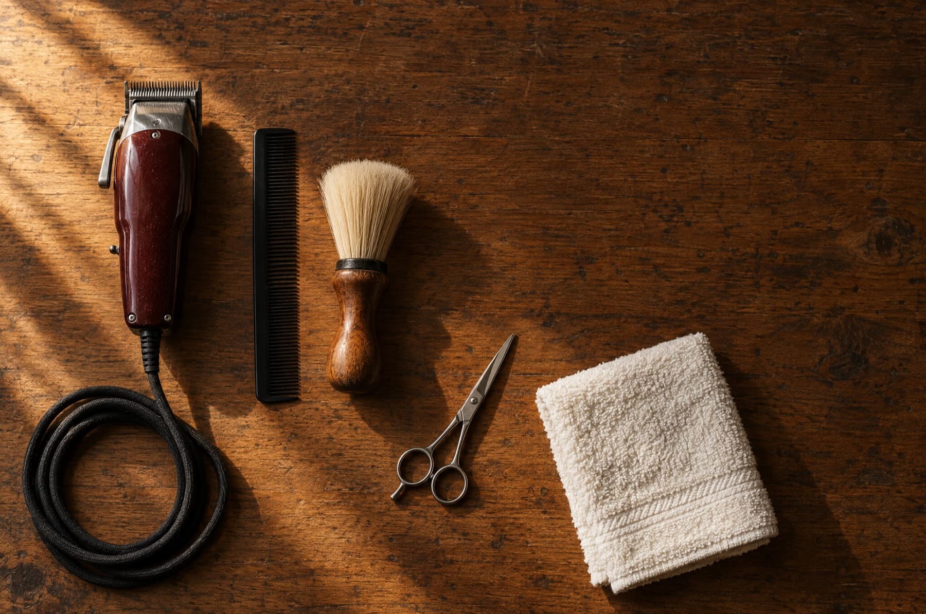 Clippers, comb, scissors and a folded towel laid out on a shop counter.
