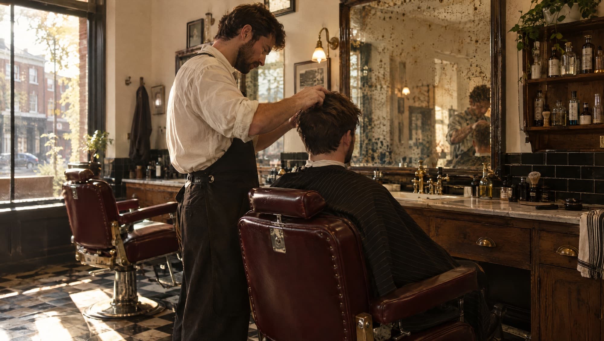 Cutting hair in a small shop, late afternoon light through the front window.
