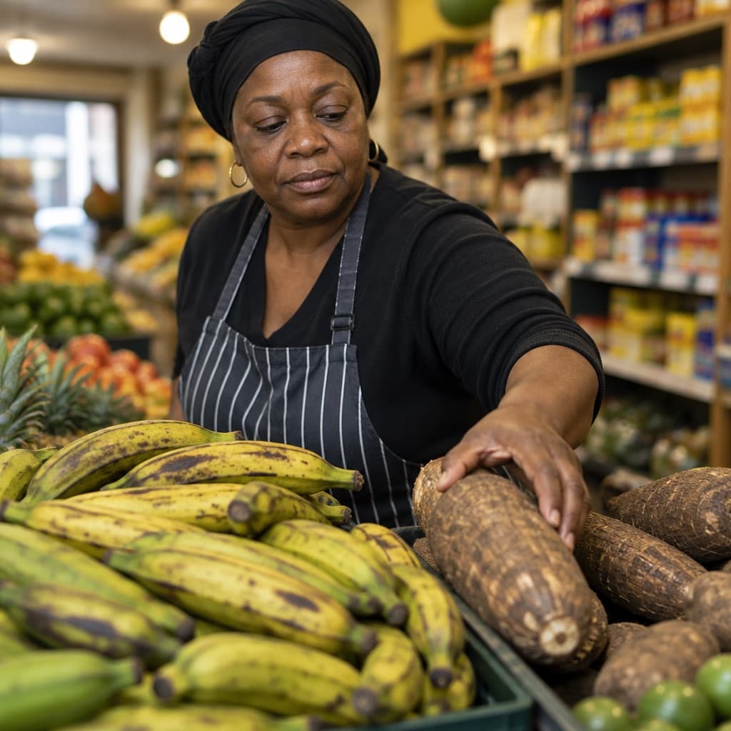 A shopkeeper in an apron setting a yam onto a crate of ripe plantains in a West African food shop, shelves of tins behind her.