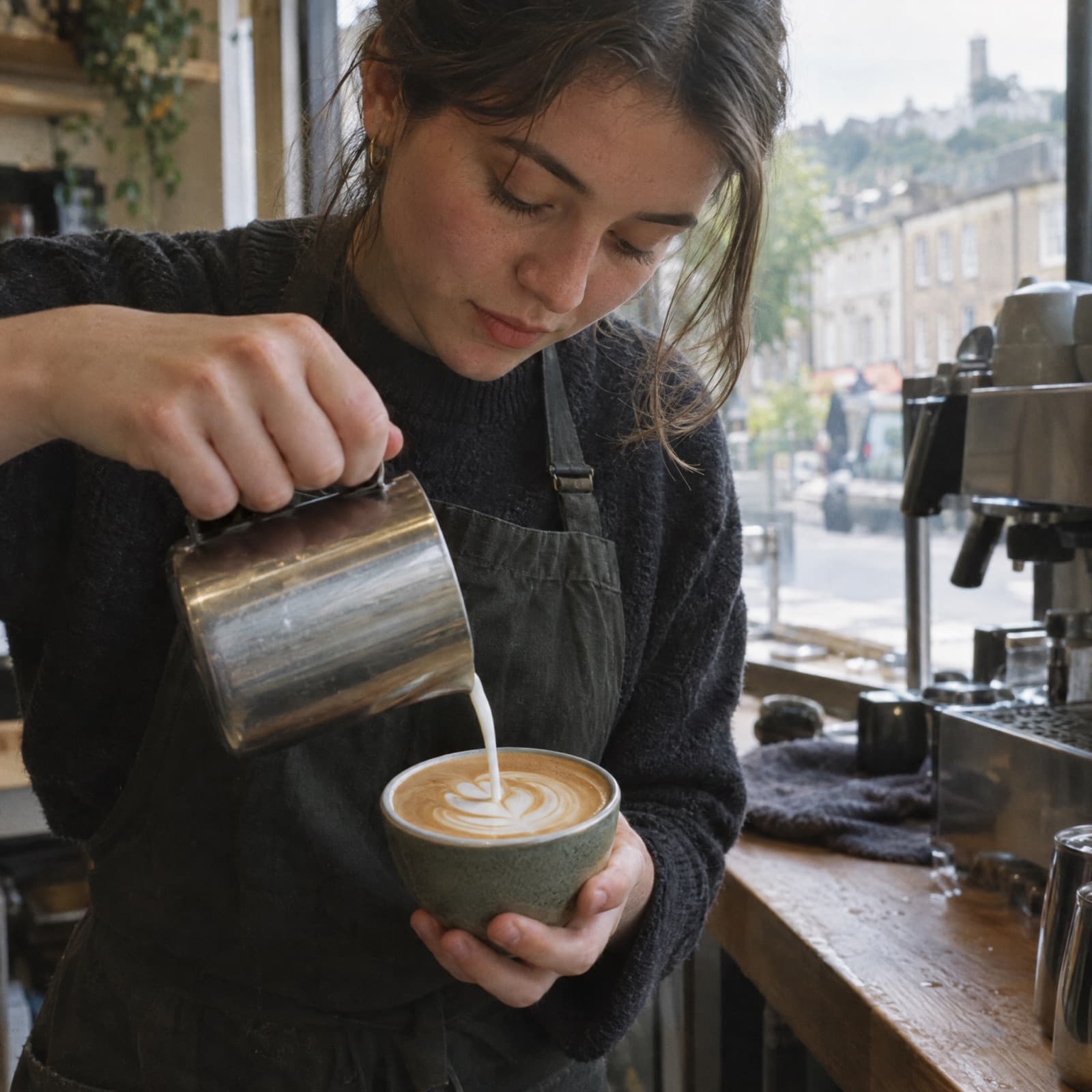 A barista pouring steamed milk into a flat white, the rosetta forming, at a café counter in the morning light.