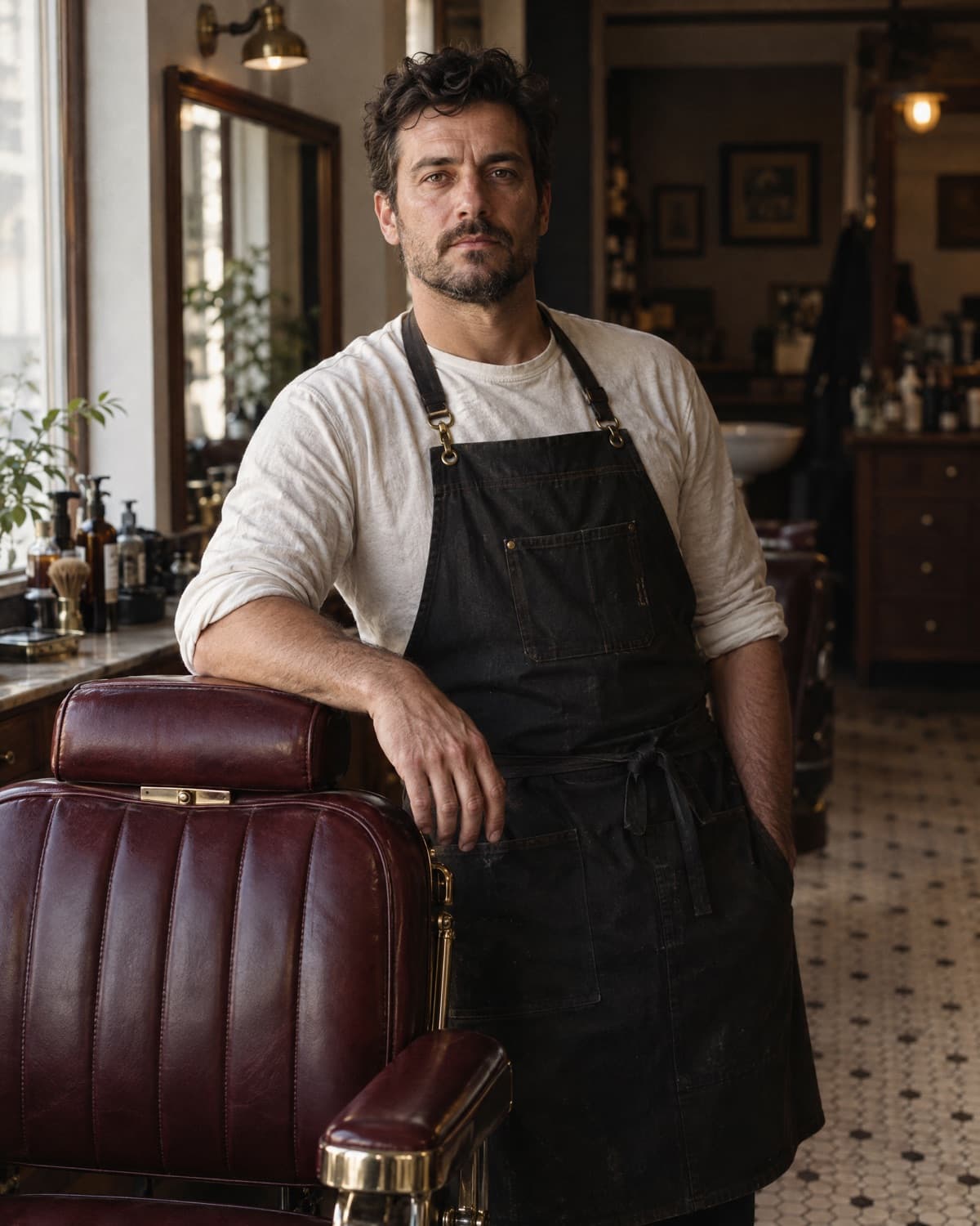 A shop owner standing beside the chair in their own shop.