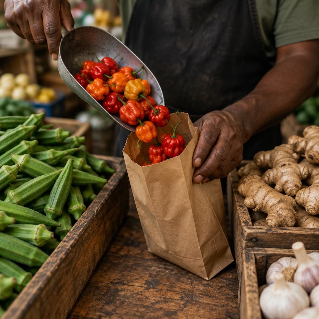 A grocer tipping scotch bonnet peppers from a steel scoop into a brown paper bag, beside crates of okra, ginger and garlic.