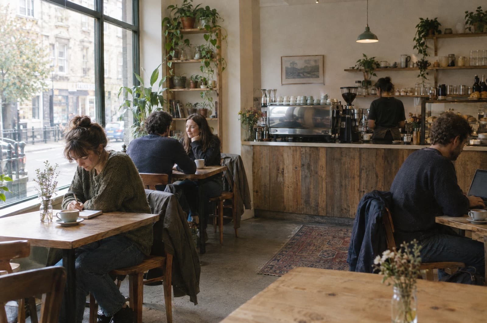 An independent café mid-morning, people at wooden tables along a big shopfront window.