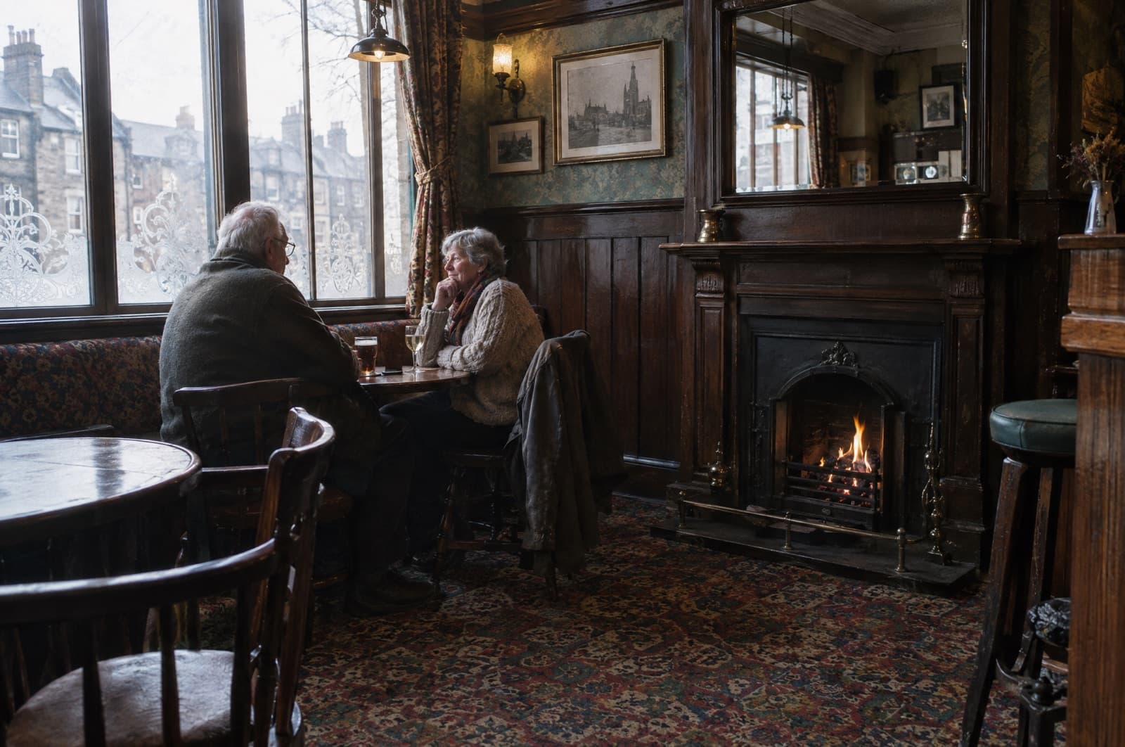 The inside of a Victorian corner pub on a weekday afternoon, an older couple sitting by the fireplace.