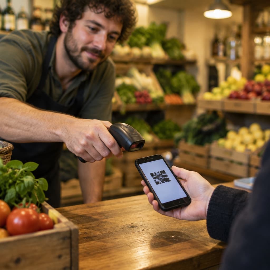 A grocer leaning across the counter to scan the code on a customer’s phone, crates of fresh produce behind.