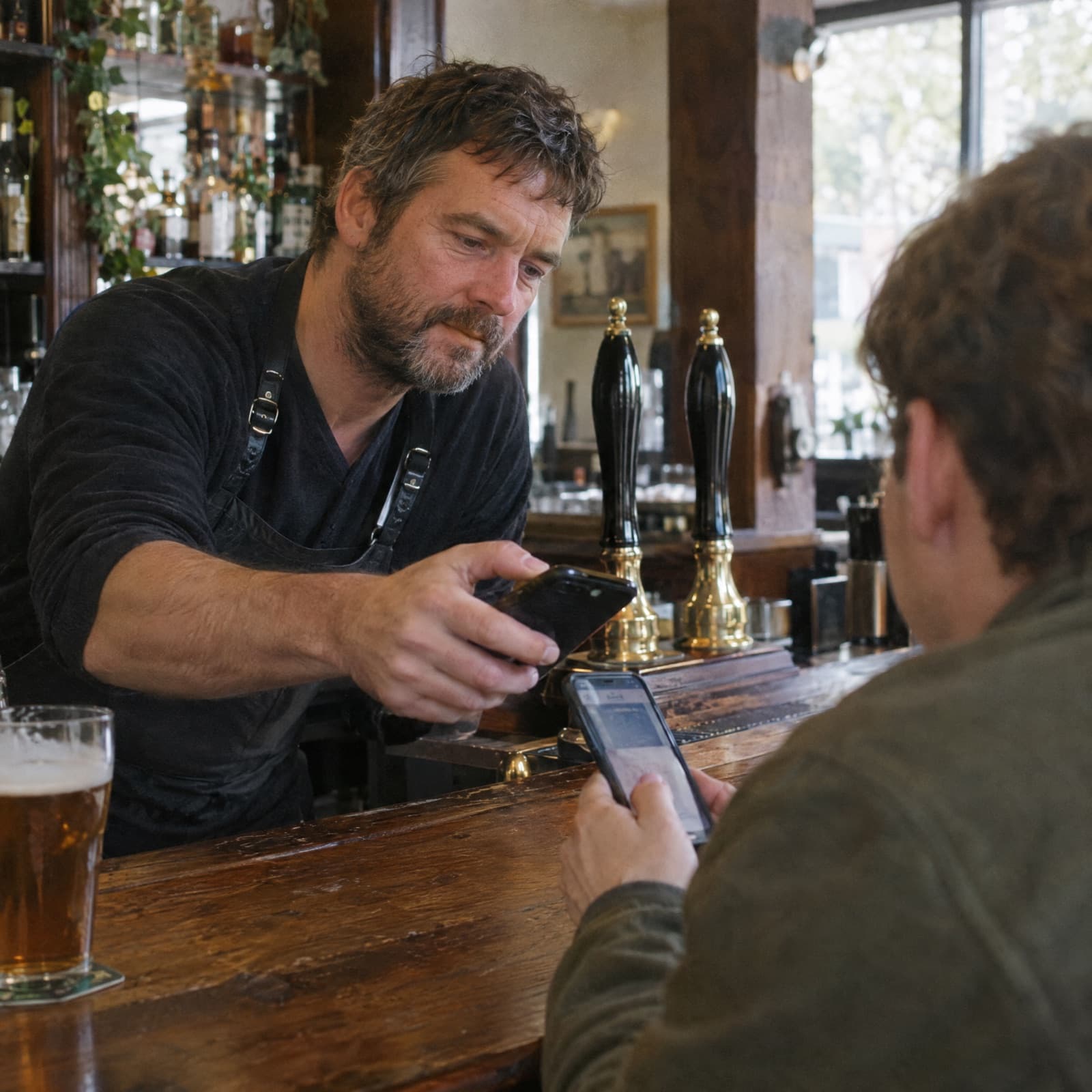 A bartender leaning across the bar to scan the code on a regular customer’s phone.