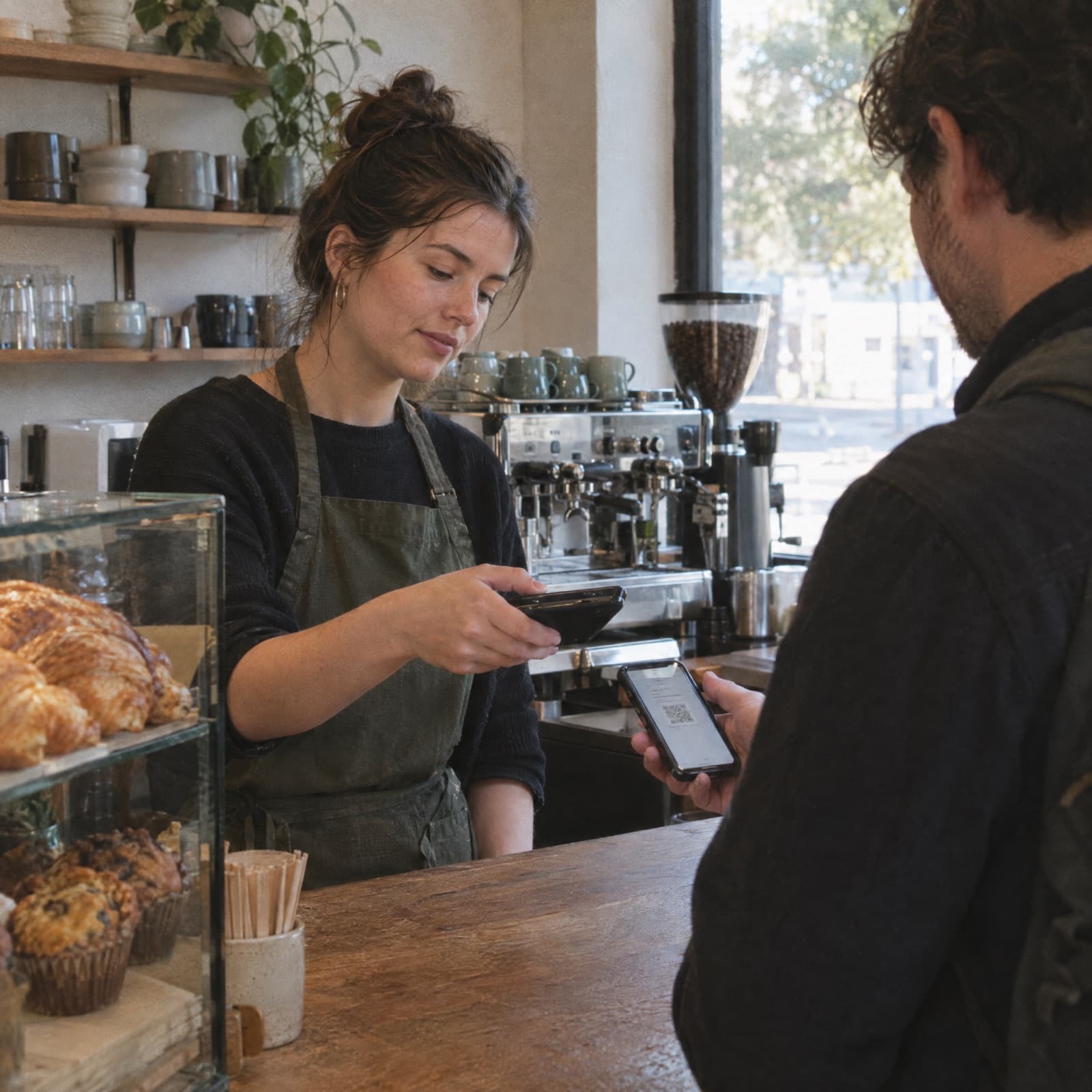 A barista scanning the code on a regular customer’s phone across the café counter.