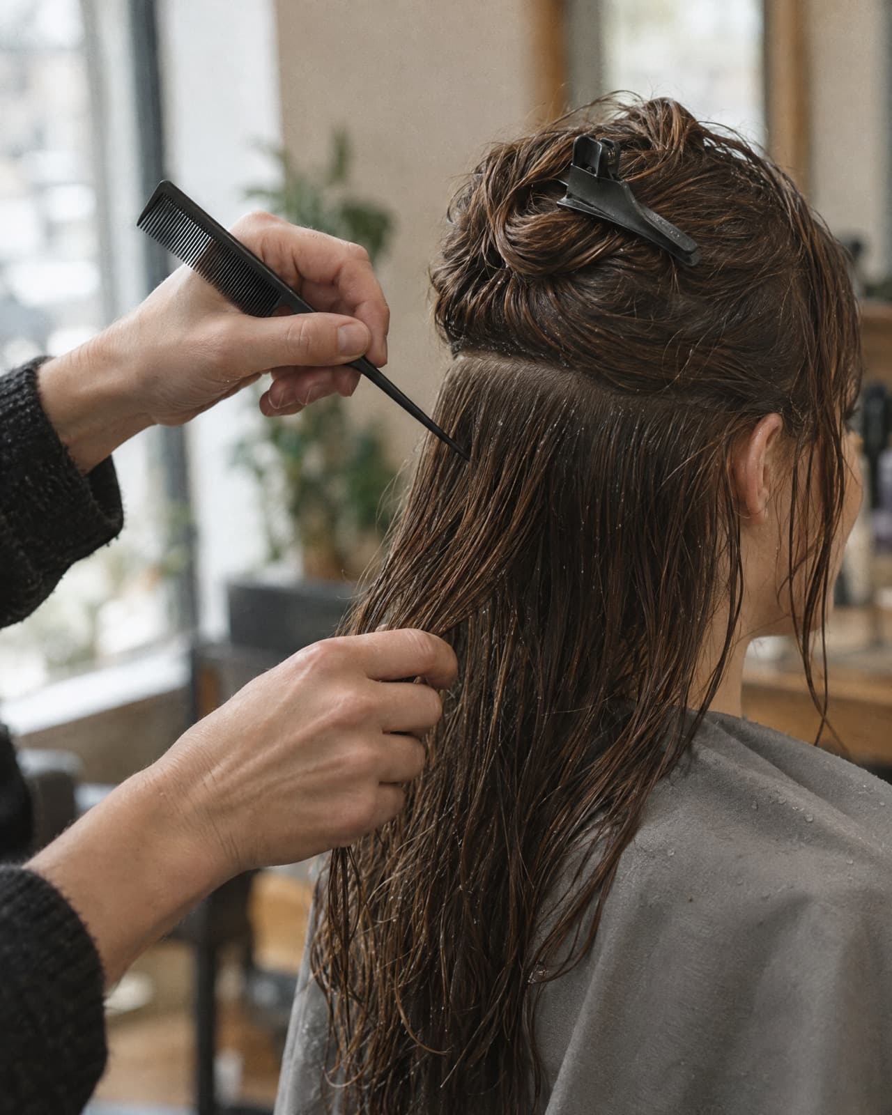 A stylist’s hands sectioning damp hair with a tail comb and a clip.