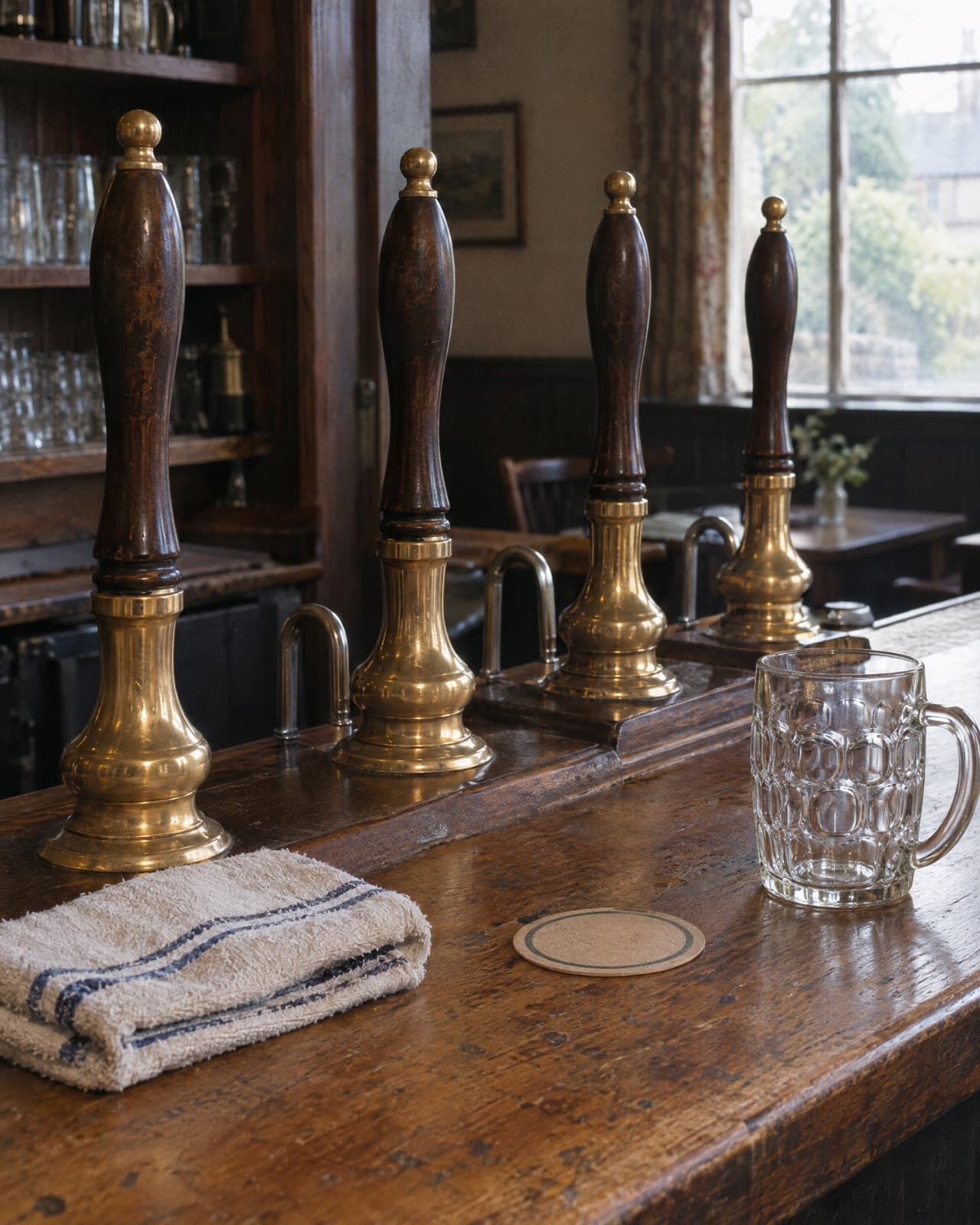 A row of brass handpumps, a folded bar towel and an empty dimpled tankard on a worn wooden bar.